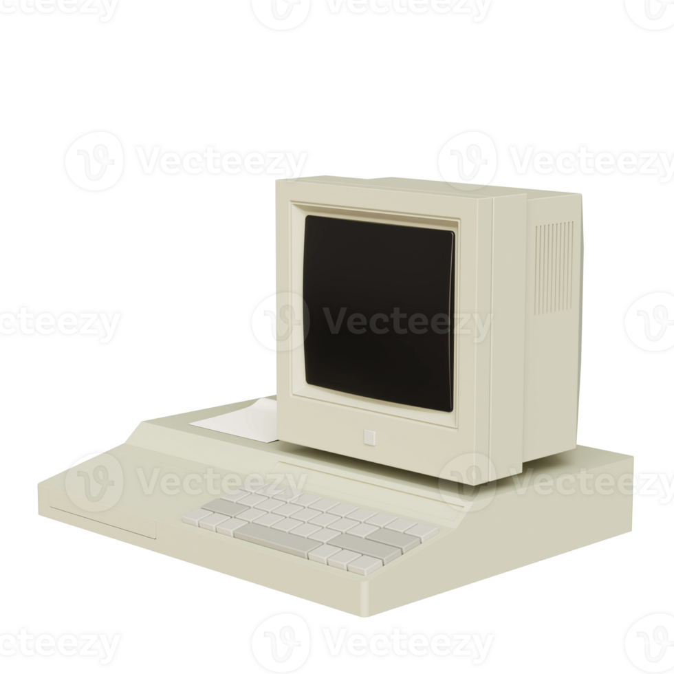 Vintage white Desktop PC with keyboard on transparent background. 3D rendering png