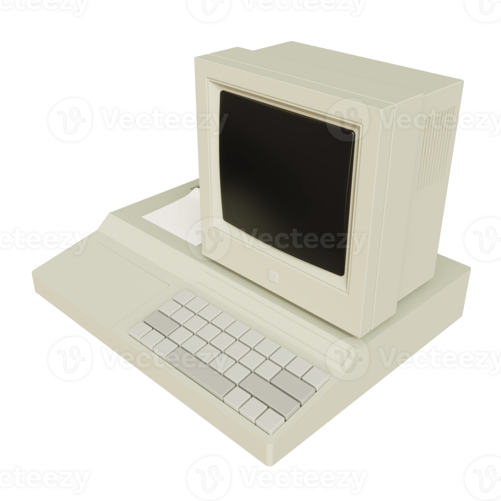 Vintage white Desktop PC with keyboard on transparent background. 3D rendering png