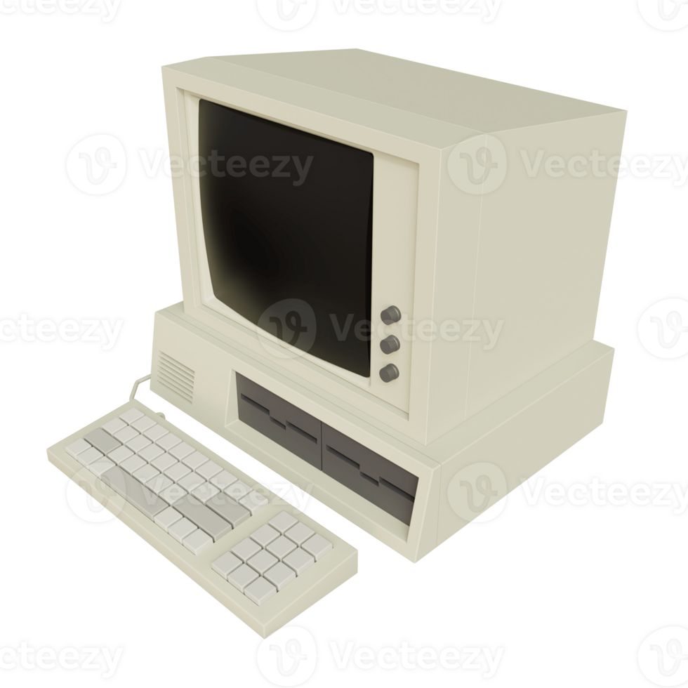 Vintage white Desktop PC with keyboard on transparent background. 3D rendering png
