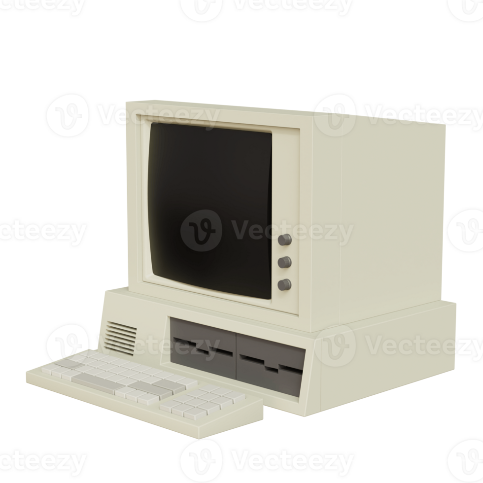 Vintage white Desktop PC with keyboard on transparent background. 3D rendering png