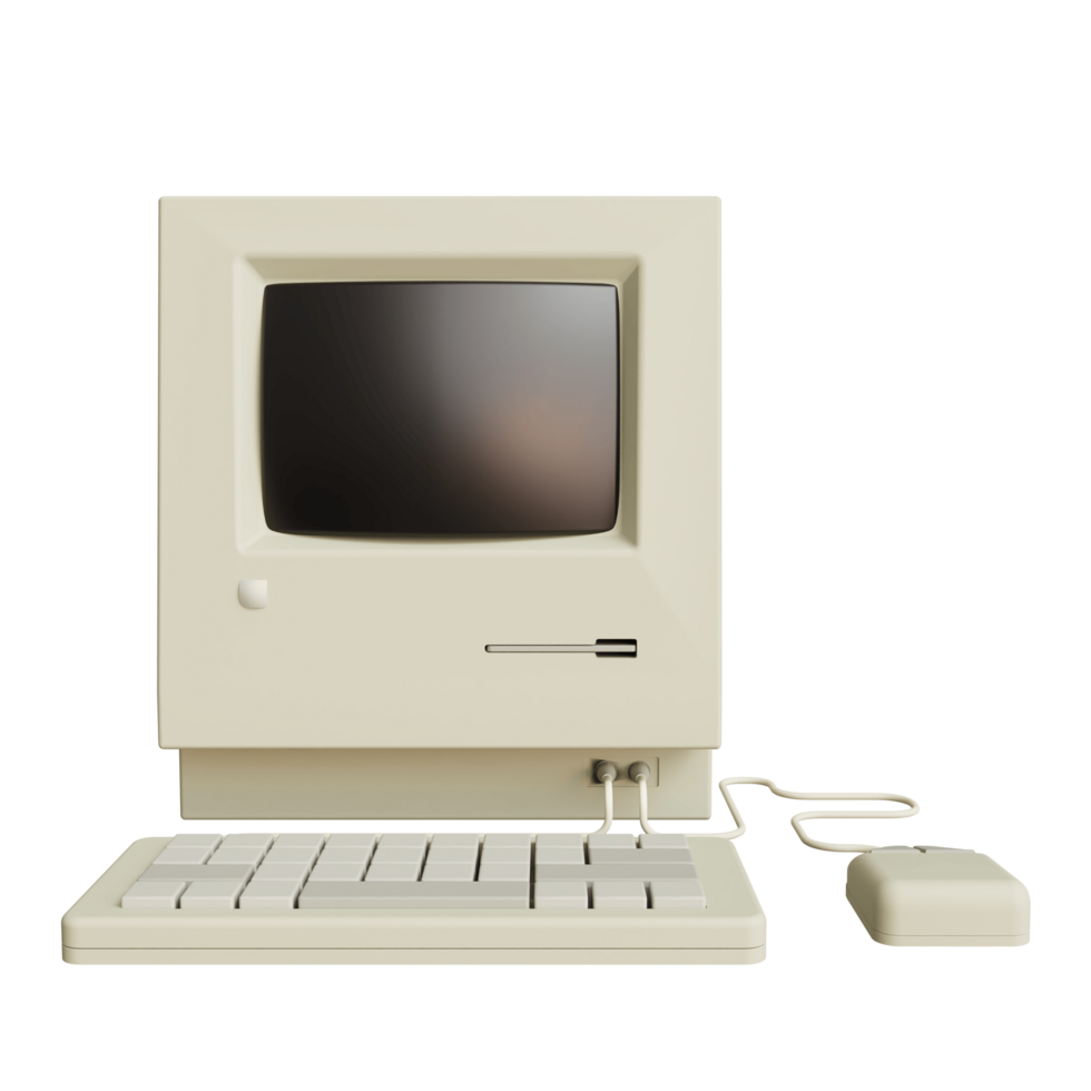 Vintage white Desktop PC with keyboard and mouse on transparent background. 3D rendering png