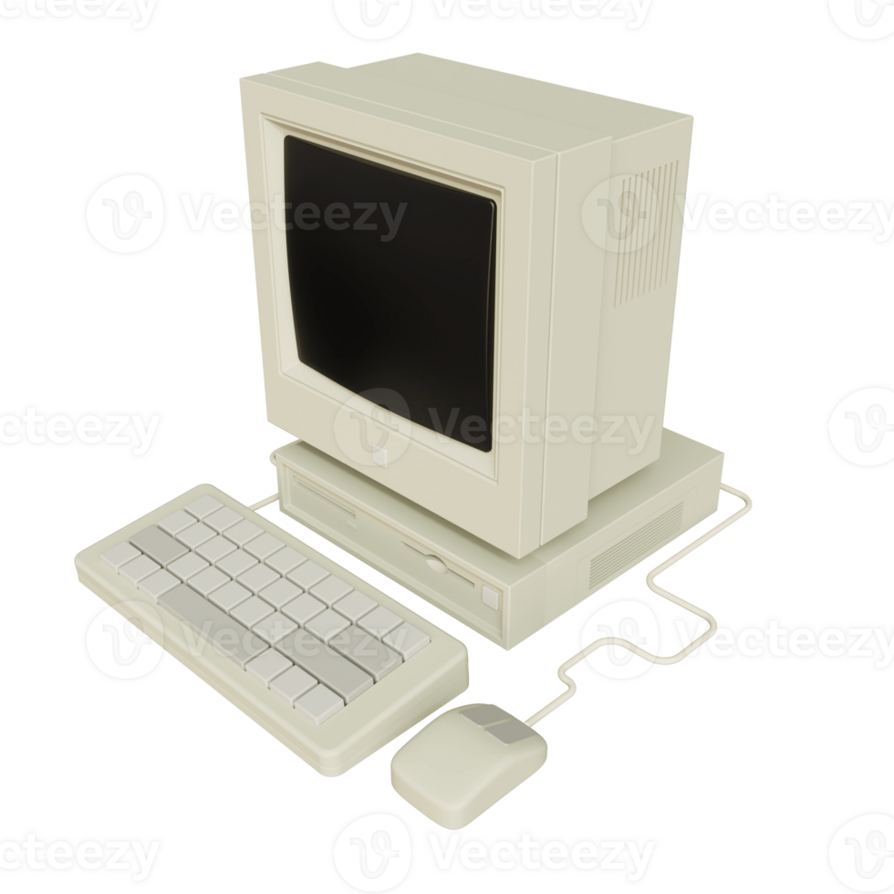 Vintage white Desktop PC with keyboard and mouse on transparent background. 3D rendering png