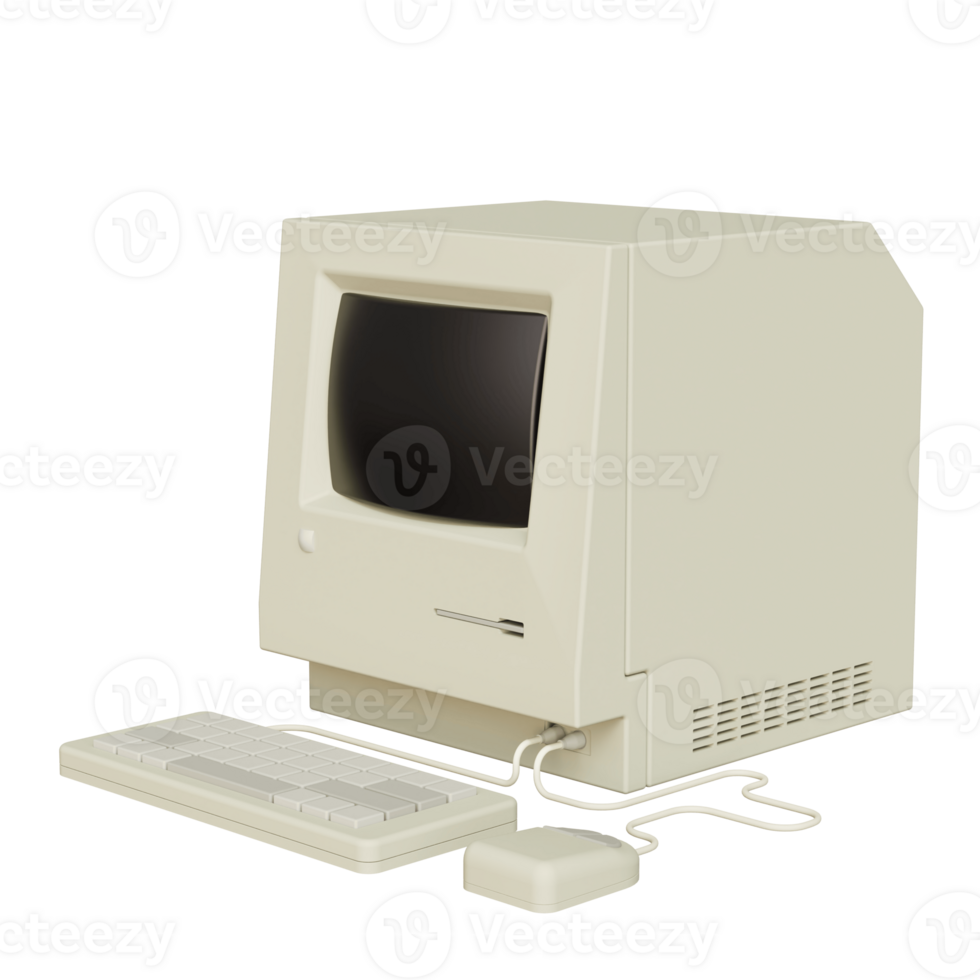 Vintage white Desktop PC with keyboard and mouse on transparent background. 3D rendering png