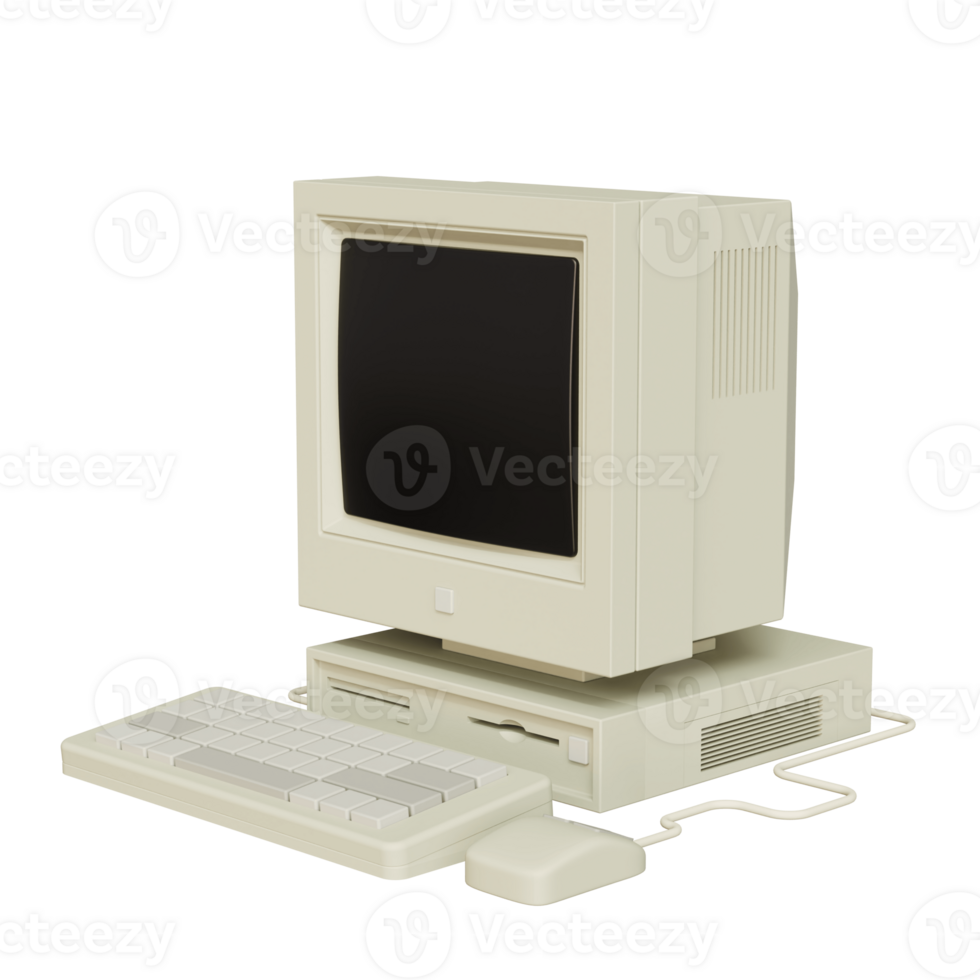 Vintage white Desktop PC with keyboard and mouse on transparent background. 3D rendering png