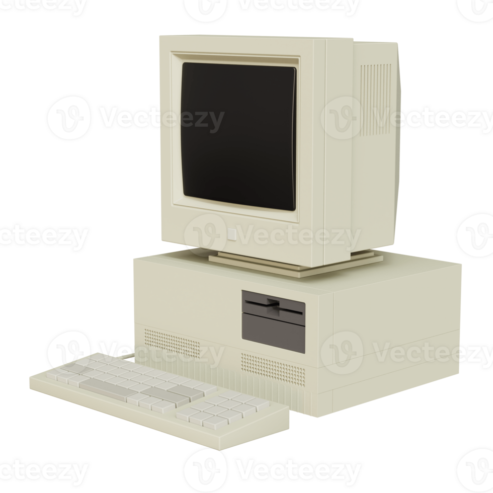 Vintage white Desktop PC with keyboard on transparent background. 3D rendering png