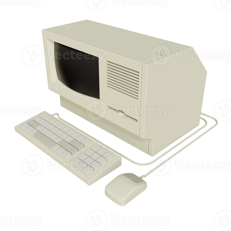 Vintage white Desktop PC with keyboard and mouse on transparent background. 3D rendering png