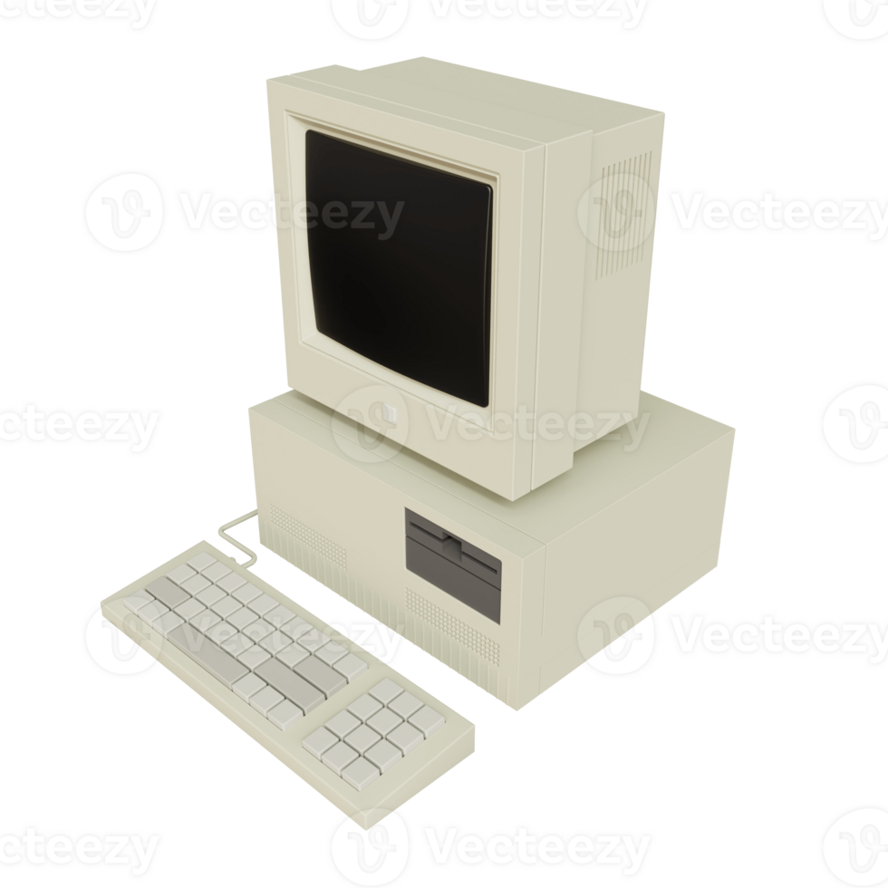 Vintage white Desktop PC with keyboard on transparent background. 3D rendering png