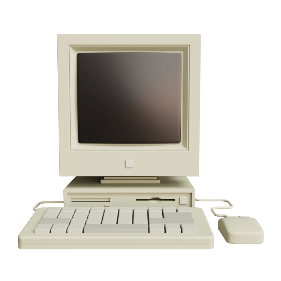 Vintage white Desktop PC with keyboard and mouse on transparent background. 3D rendering png