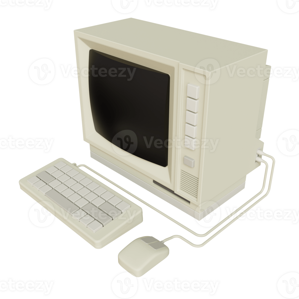 Vintage white Desktop PC with keyboard and mouse on transparent background. 3D rendering png