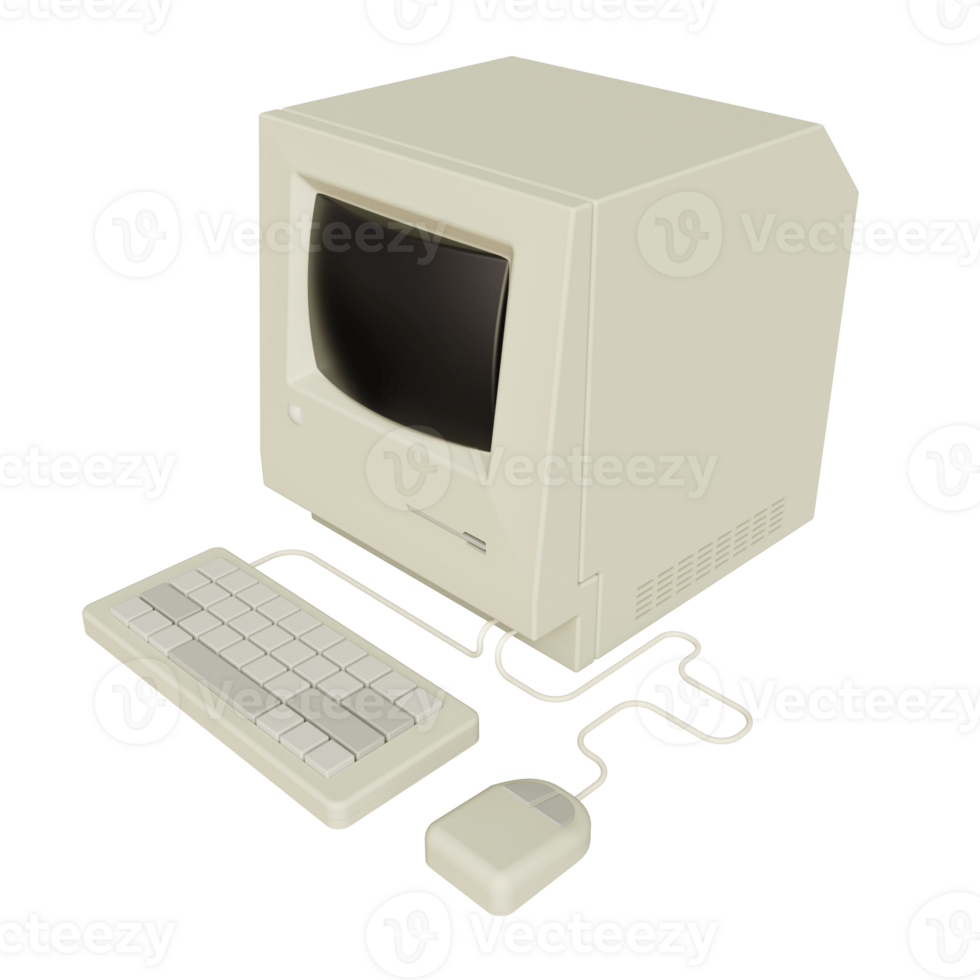 Vintage white Desktop PC with keyboard and mouse on transparent background. 3D rendering png