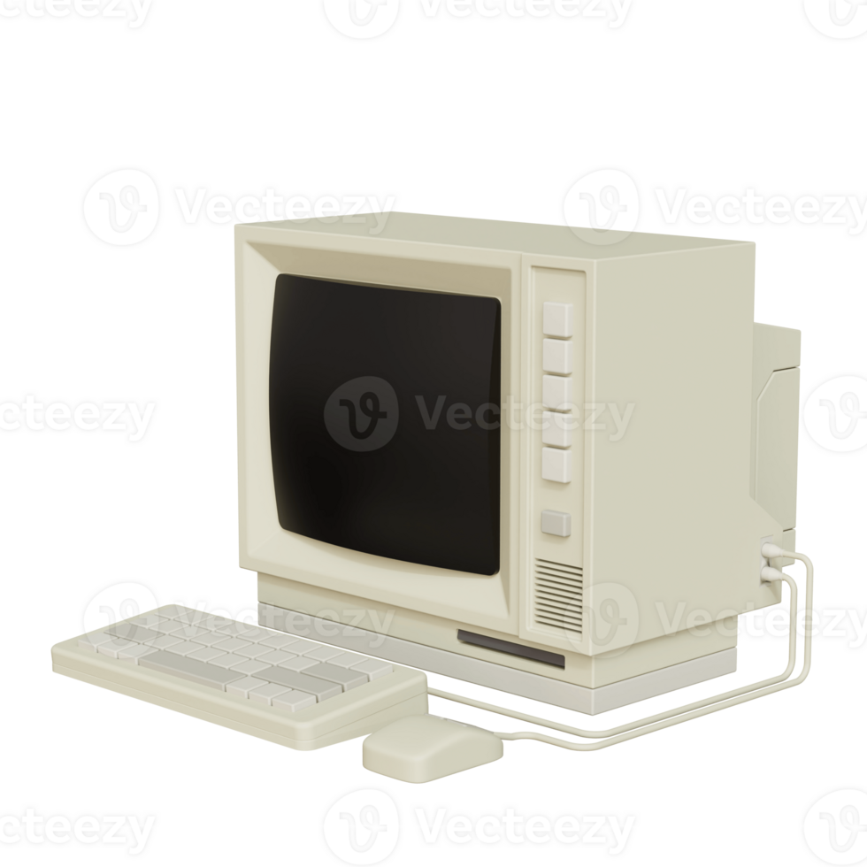 Vintage white Desktop PC with keyboard and mouse on transparent background. 3D rendering png