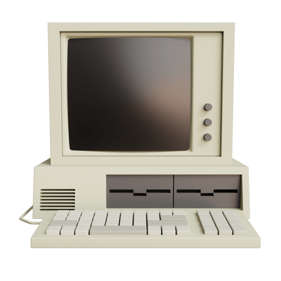 Vintage white Desktop PC with keyboard on transparent background. 3D rendering png