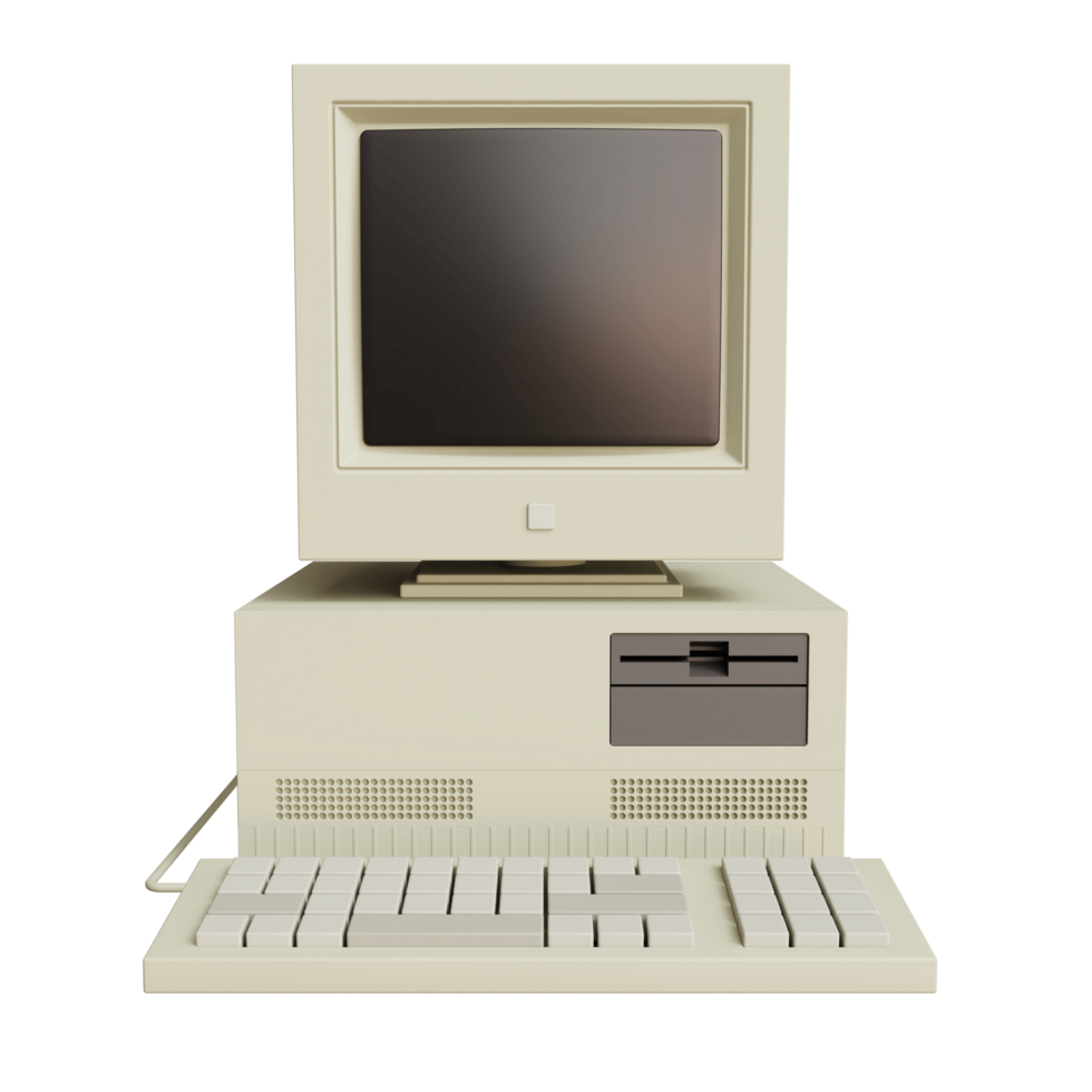 Vintage white Desktop PC with keyboard on transparent background. 3D rendering png