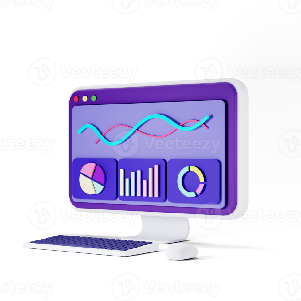 3d render white desktop pc with analytic screen illustration png