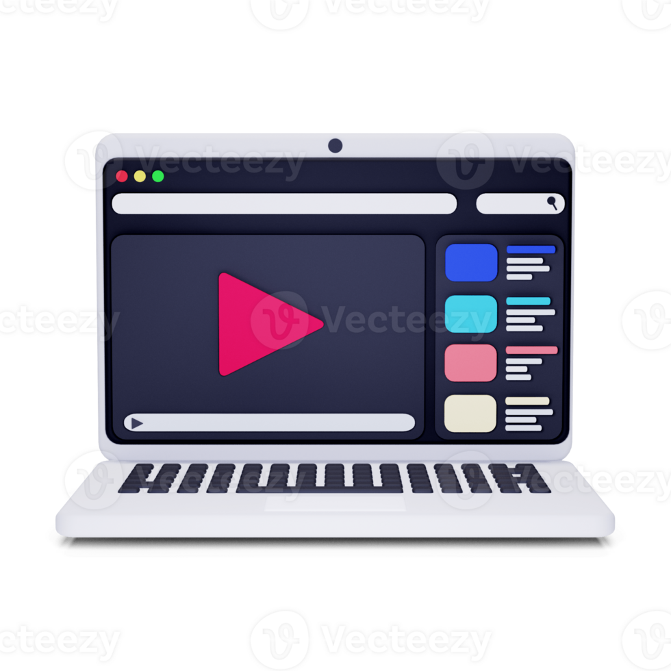 3d render white laptop with media player screen illustration png