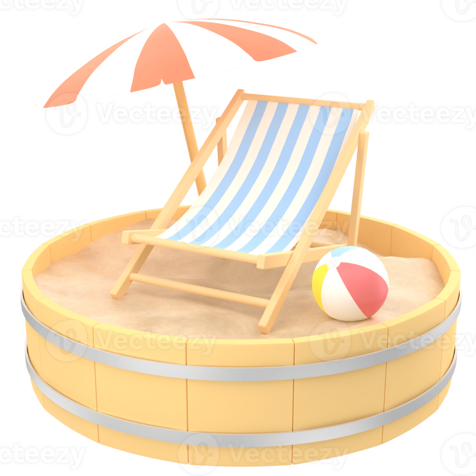 3D illustration of a beach chair, umbrella, and beach ball on a sand podium png