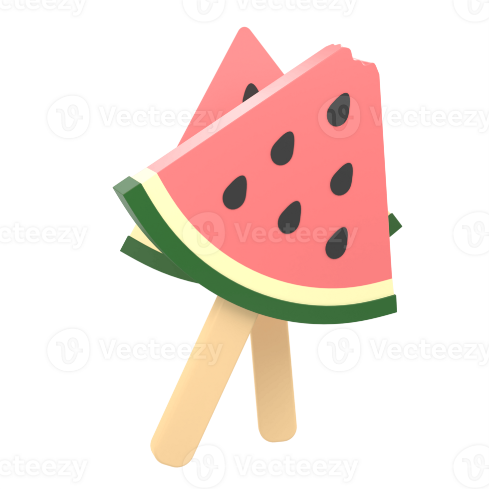 3D illustration of a watermelon slice on the wooden stick png