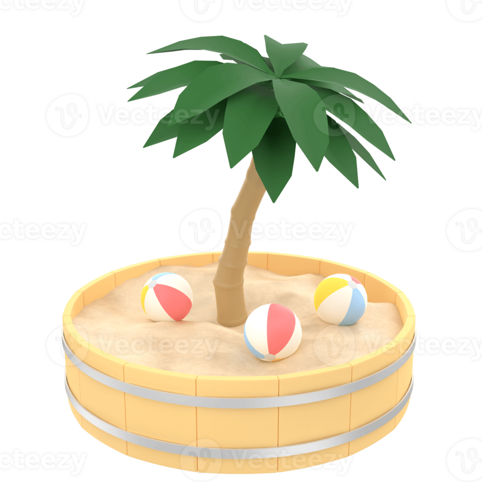 3D illustration of a coconut tree and beach ball on a sand podium png