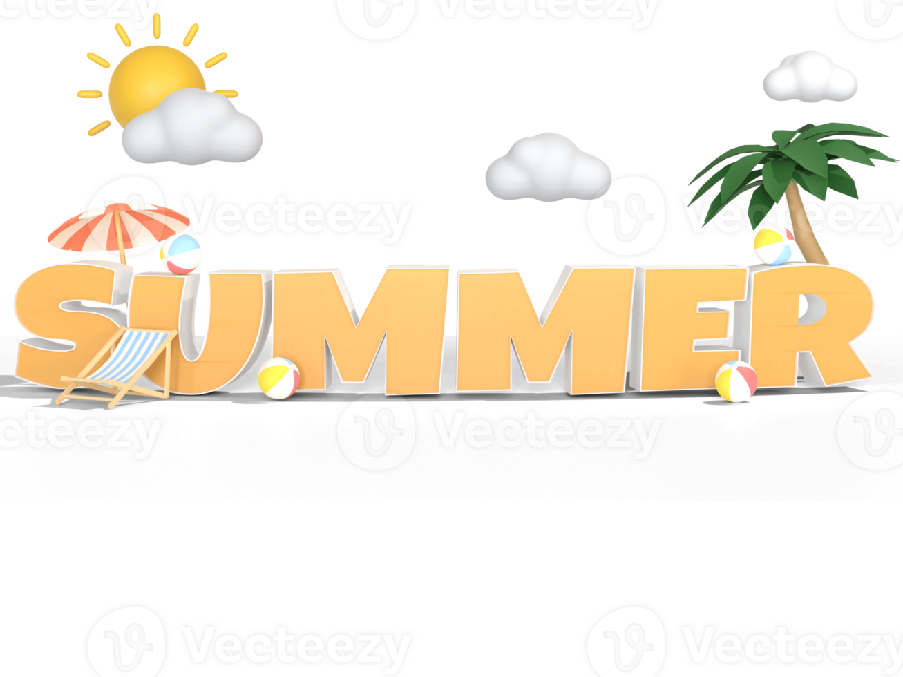 3D Illustration of summer text with summer elements on a transparent background png