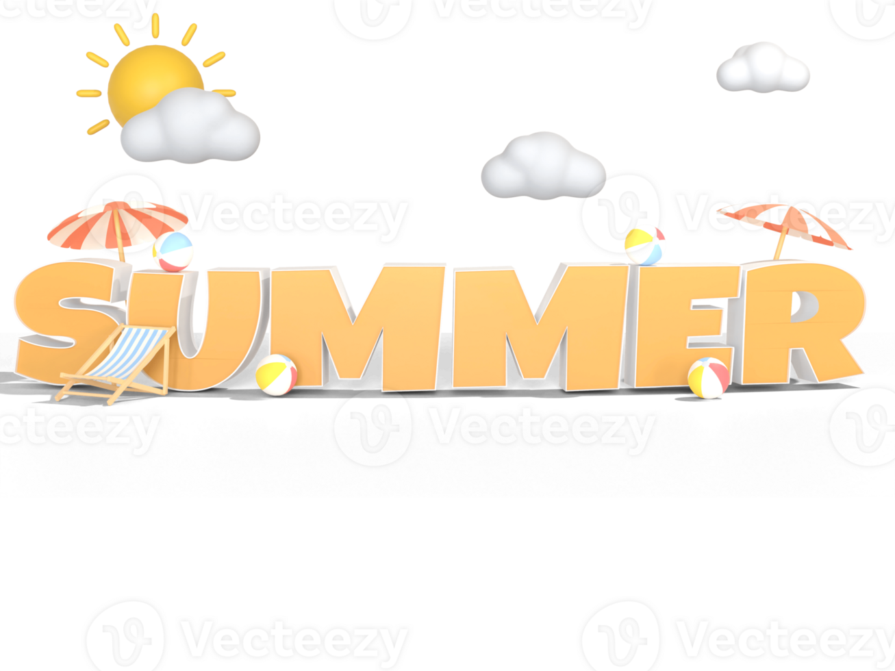 3d ilustração do verão texto com verão elementos em uma transparente fundo png