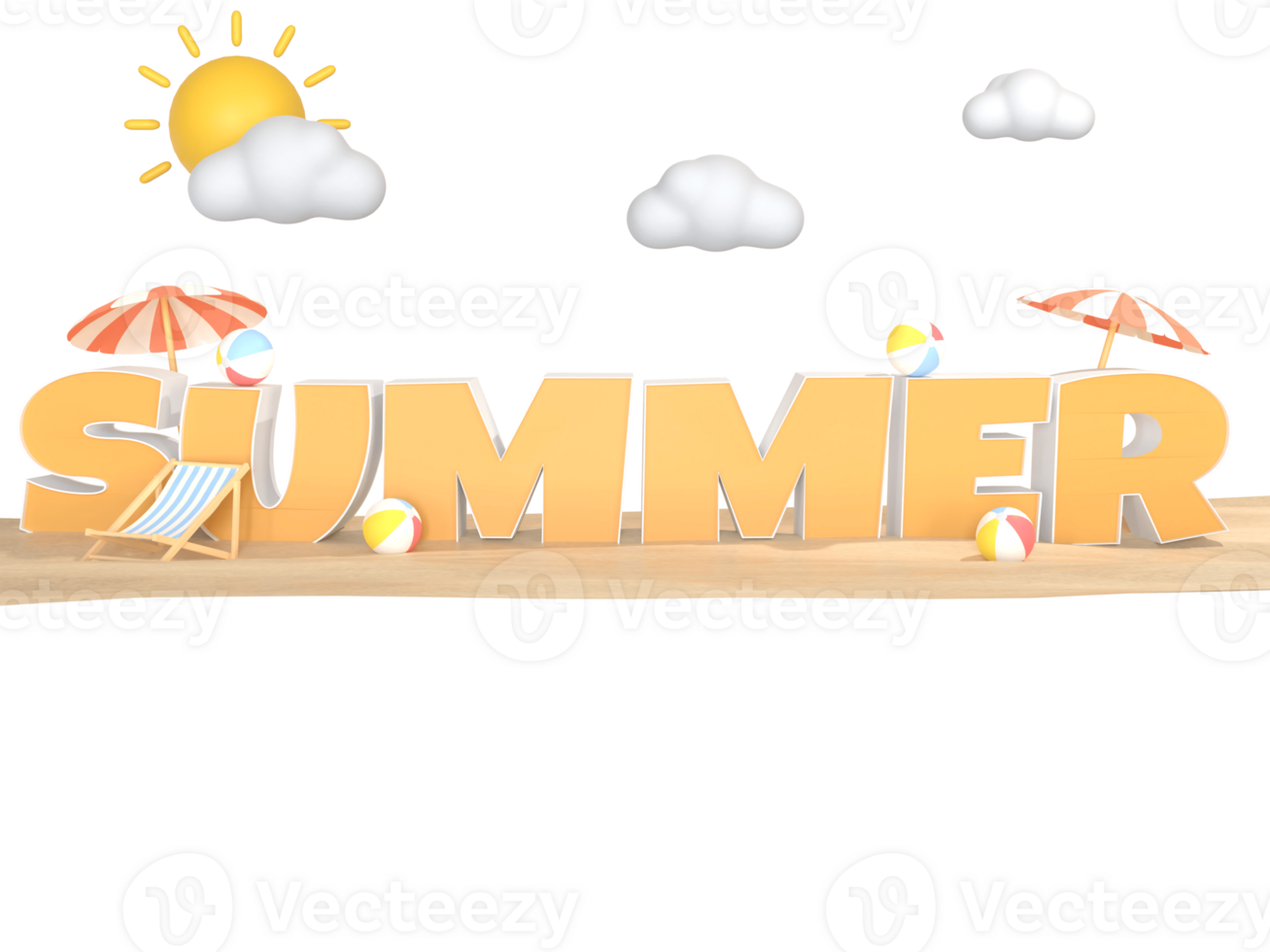 3D Illustration of summer text with summer elements on a transparent background png