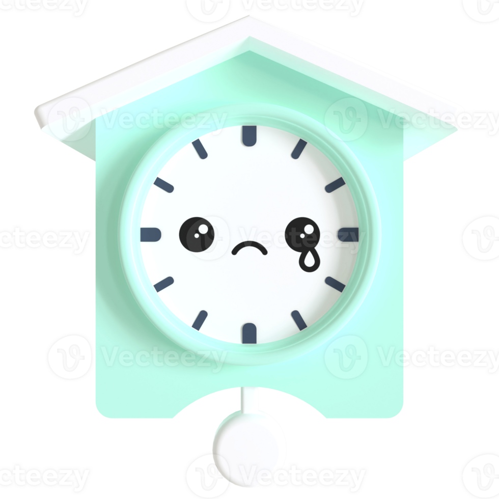3d render cartoonish alarm clock with a sad face. The clock is blue and white png