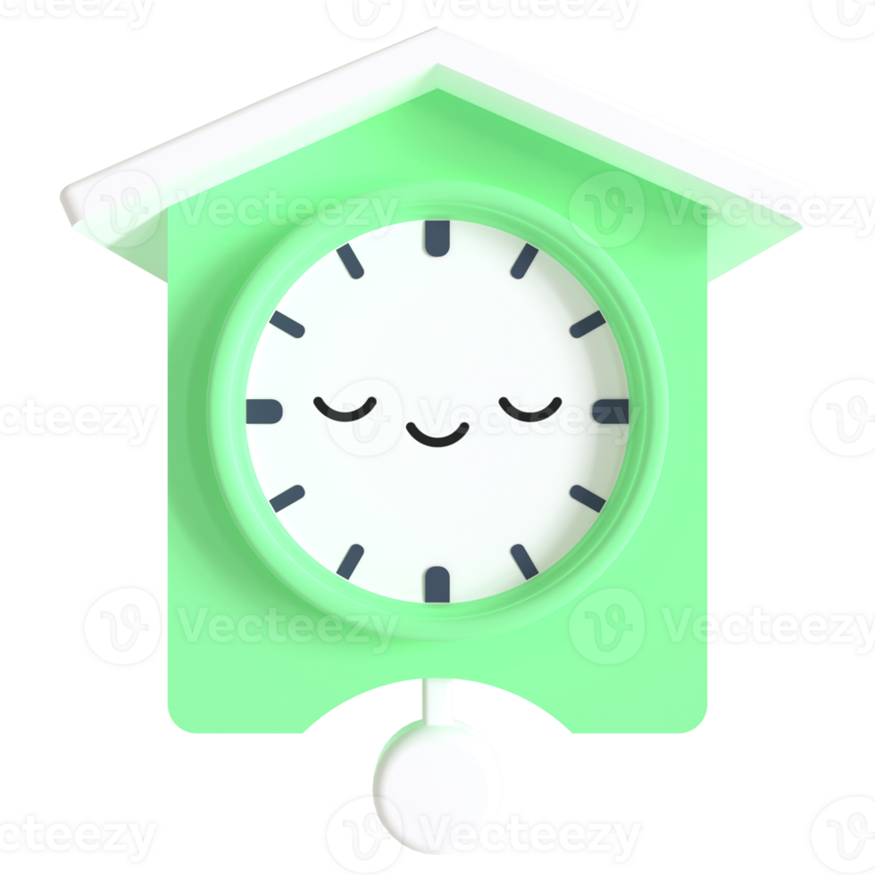 3d render cartoonish alarm clock with a sleeping face. The clock is green and white png