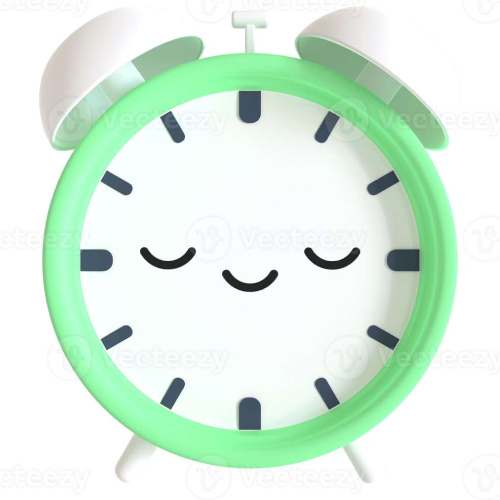 3d render cartoonish alarm clock with a sleeping face. The clock is green and white png
