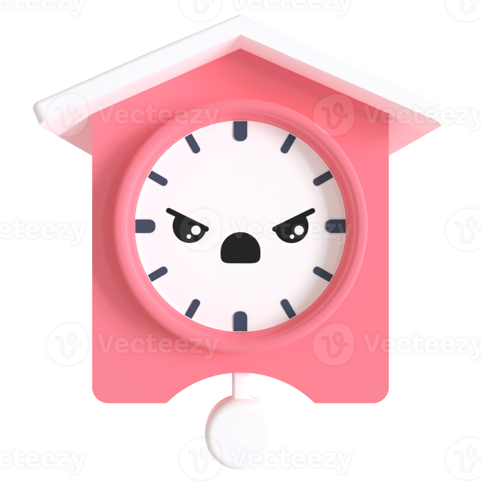 3d render cartoonish alarm clock with a angry face. The clock is red and white png