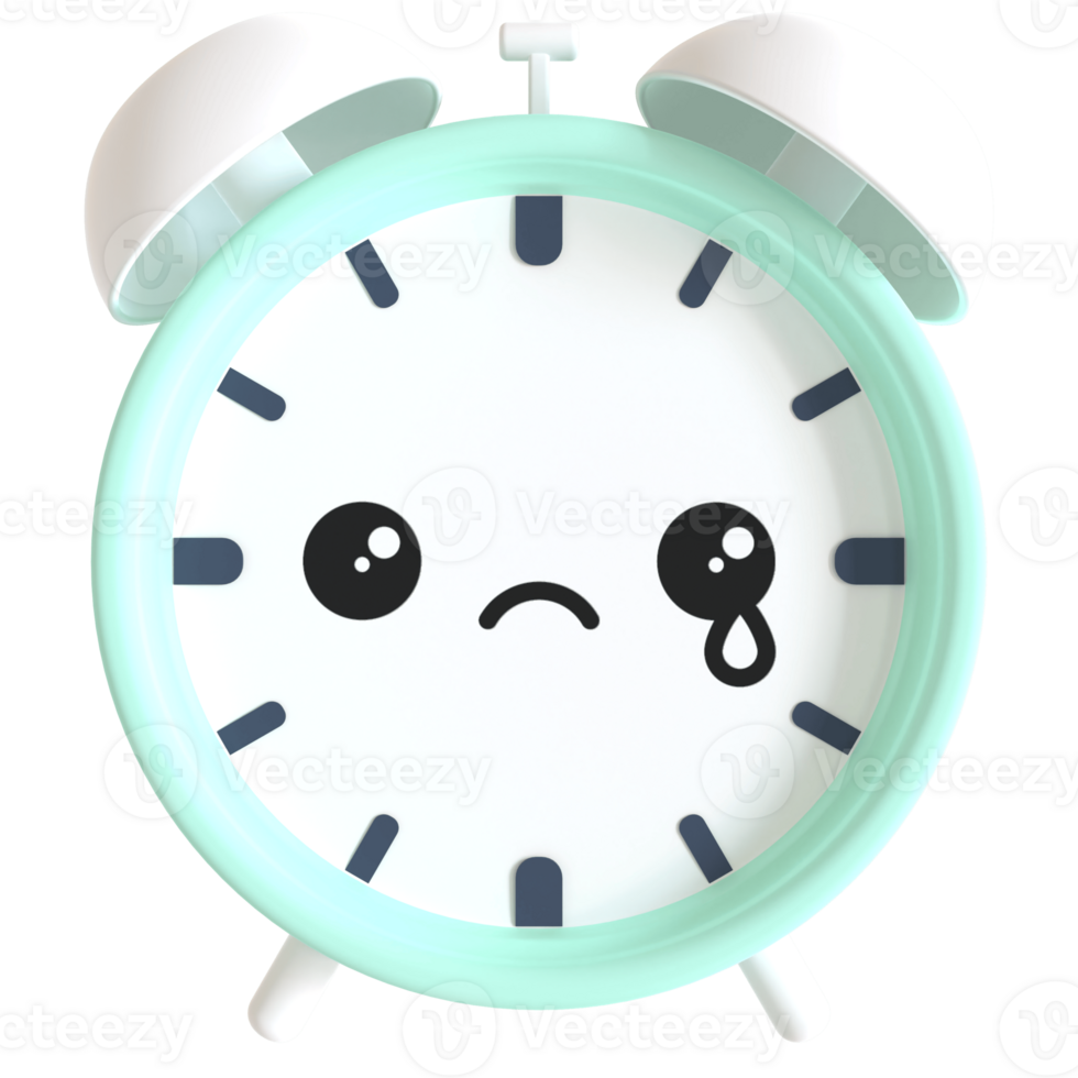 3d render cartoonish alarm clock with a sad face. The clock is blue and white png