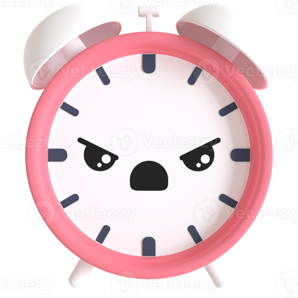 3d render cartoonish alarm clock with a angry face. The clock is red and white png