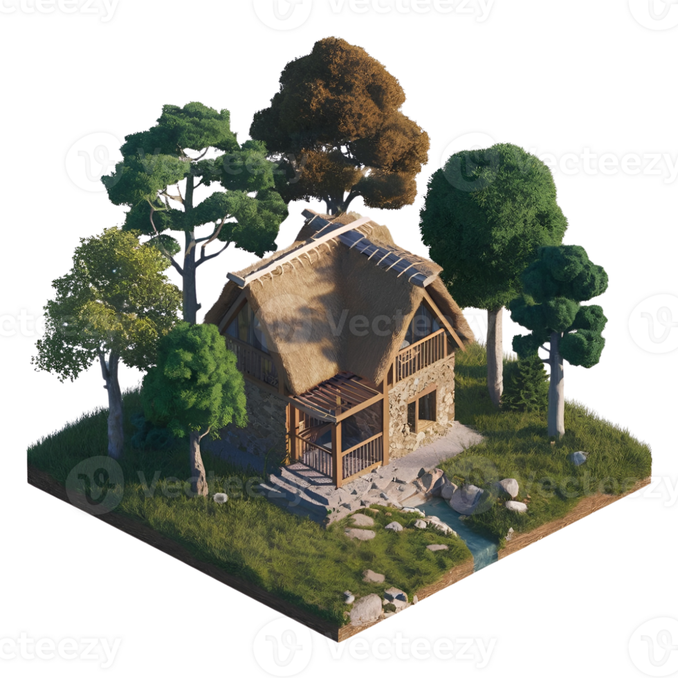 house building with isometric trees scene ,generative png