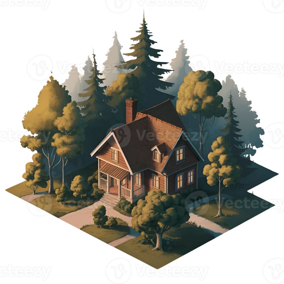 house building with isometric trees scene ,generative Simple Background png