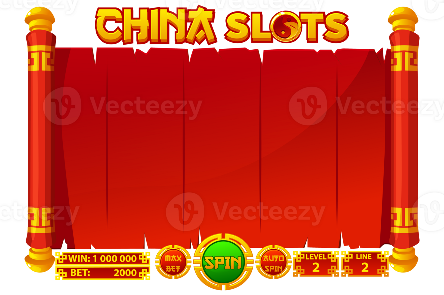 Casino slot machine game UI design. Gambling mobile app concept for the Chinese-themed Casino Game. The Red game user interface is cartoon-style with basic buttons for your designs png