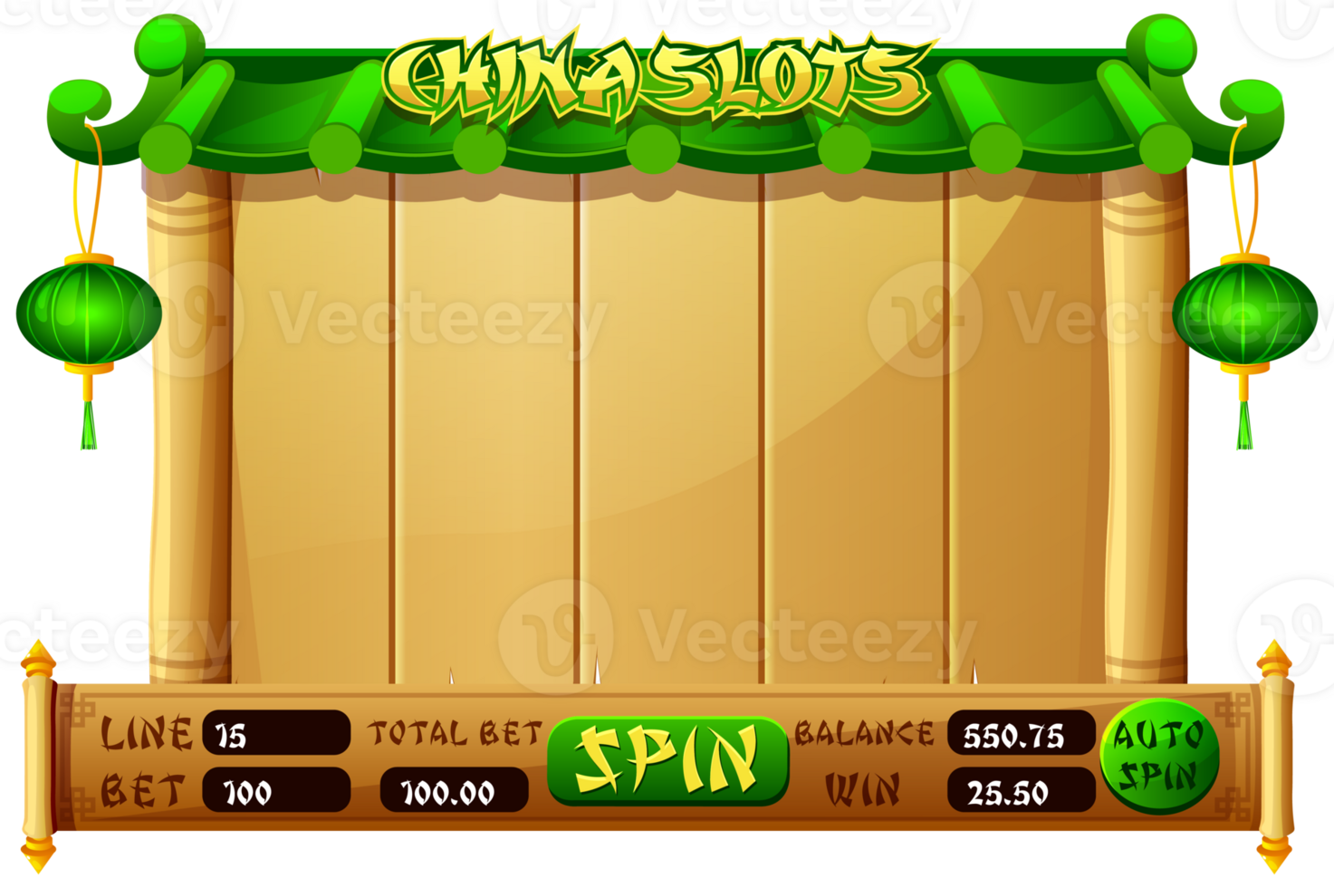 Casino slot machine game UI design for the Chinese-themed Casino Game. The game user interface is cartoon-style with basic buttons for your designs. png