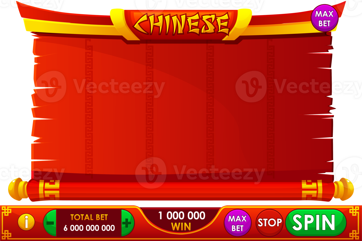 Casino slot machine game UI design. Gambling mobile app concept for the Chinese themed Casino Game. The game user interface is cartoon-style with basic buttons for your designs png