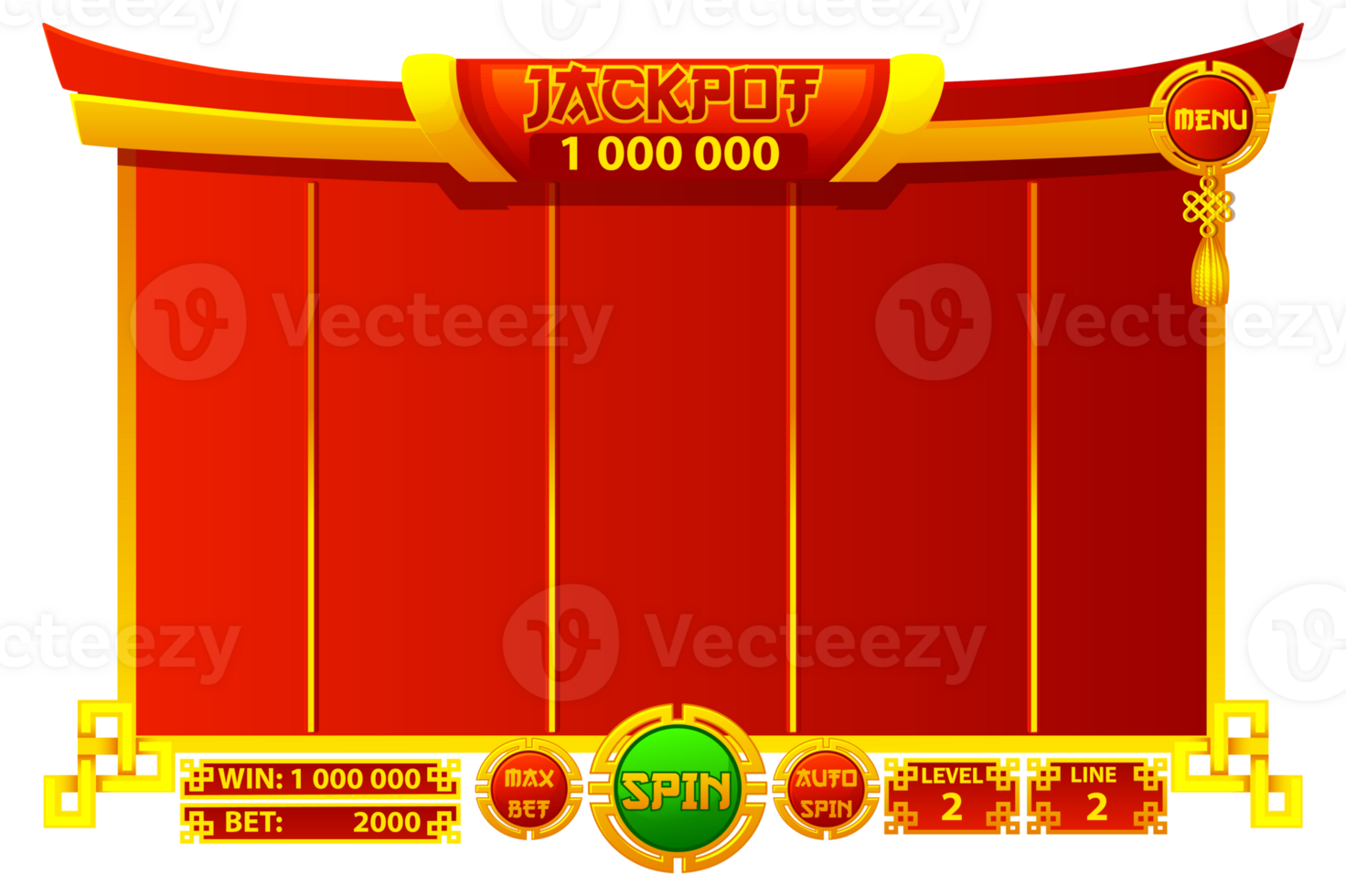 Casino slot machine game UI design, gambling mobile app concept for the Chinese themed Casino Game. The game user interface is cartoon-style with basic buttons for your designs png