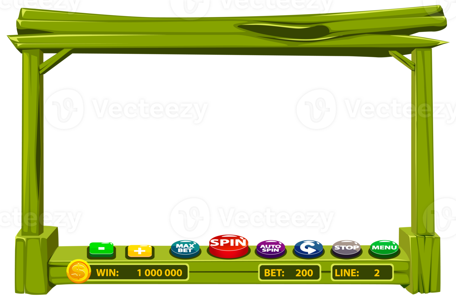 The wooden game user interface is cartoon-style with basic buttons for your designs. Casino slot machine game UI design. Gambling mobile app concept for the Casino Game. png