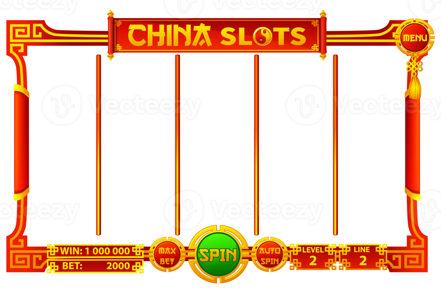 Casino slot machine game UI design, gambling mobile app concept for the Chinese themed Casino Game. The game user interface with basic buttons. png
