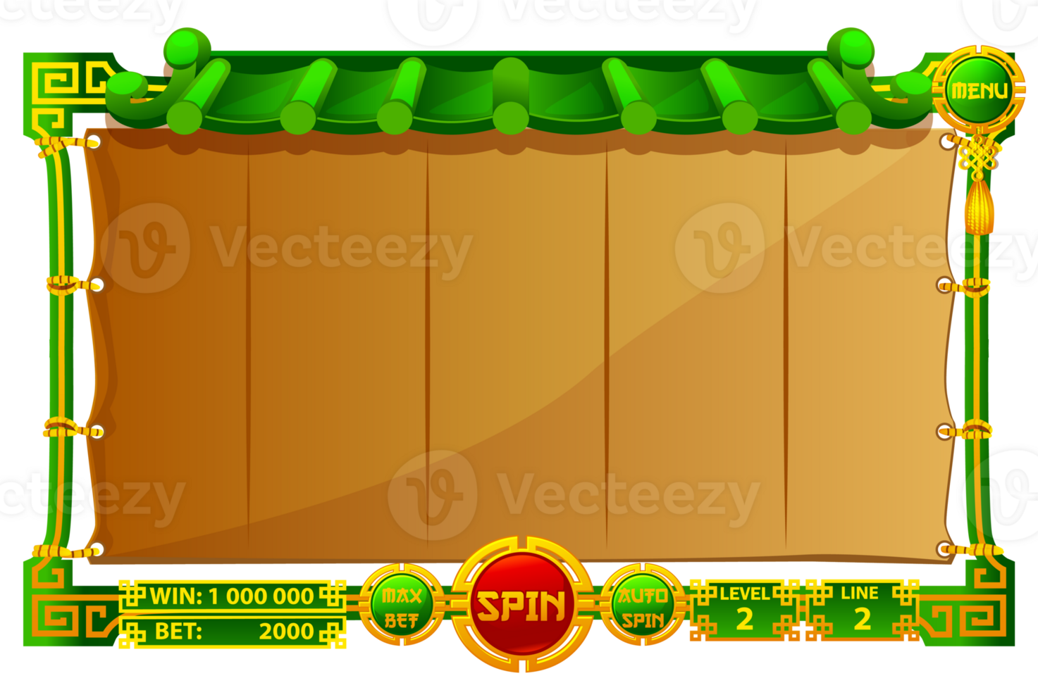 The game user interface is cartoon-style with basic buttons for your designs. Casino slot machine game UI design for the Chinese-themed Casino Game. png