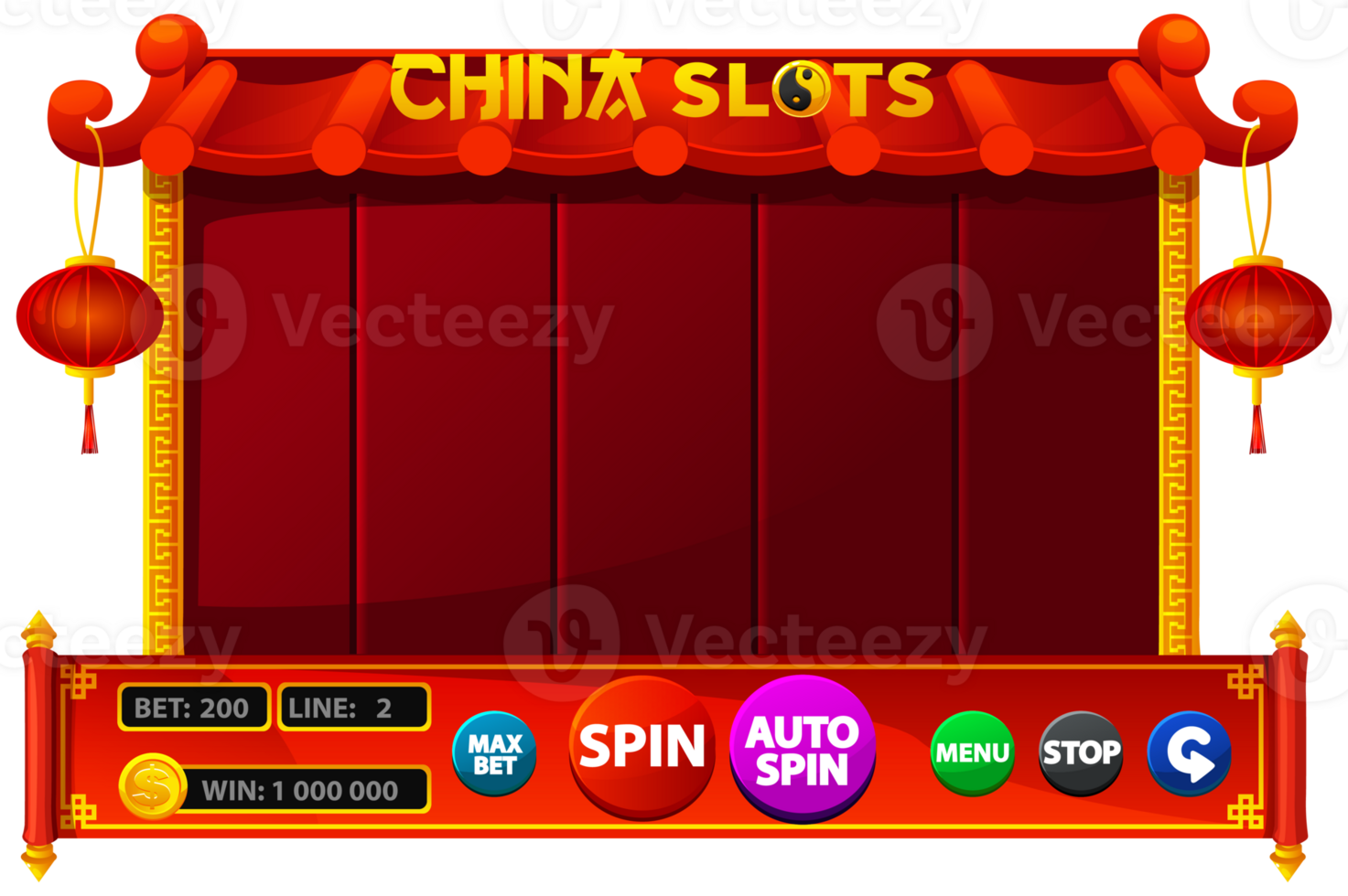 Casino slot machine game UI design. Gambling mobile app concept for the Chinese-themed Casino Game. The game user interface is cartoon-style with basic buttons for your designs png