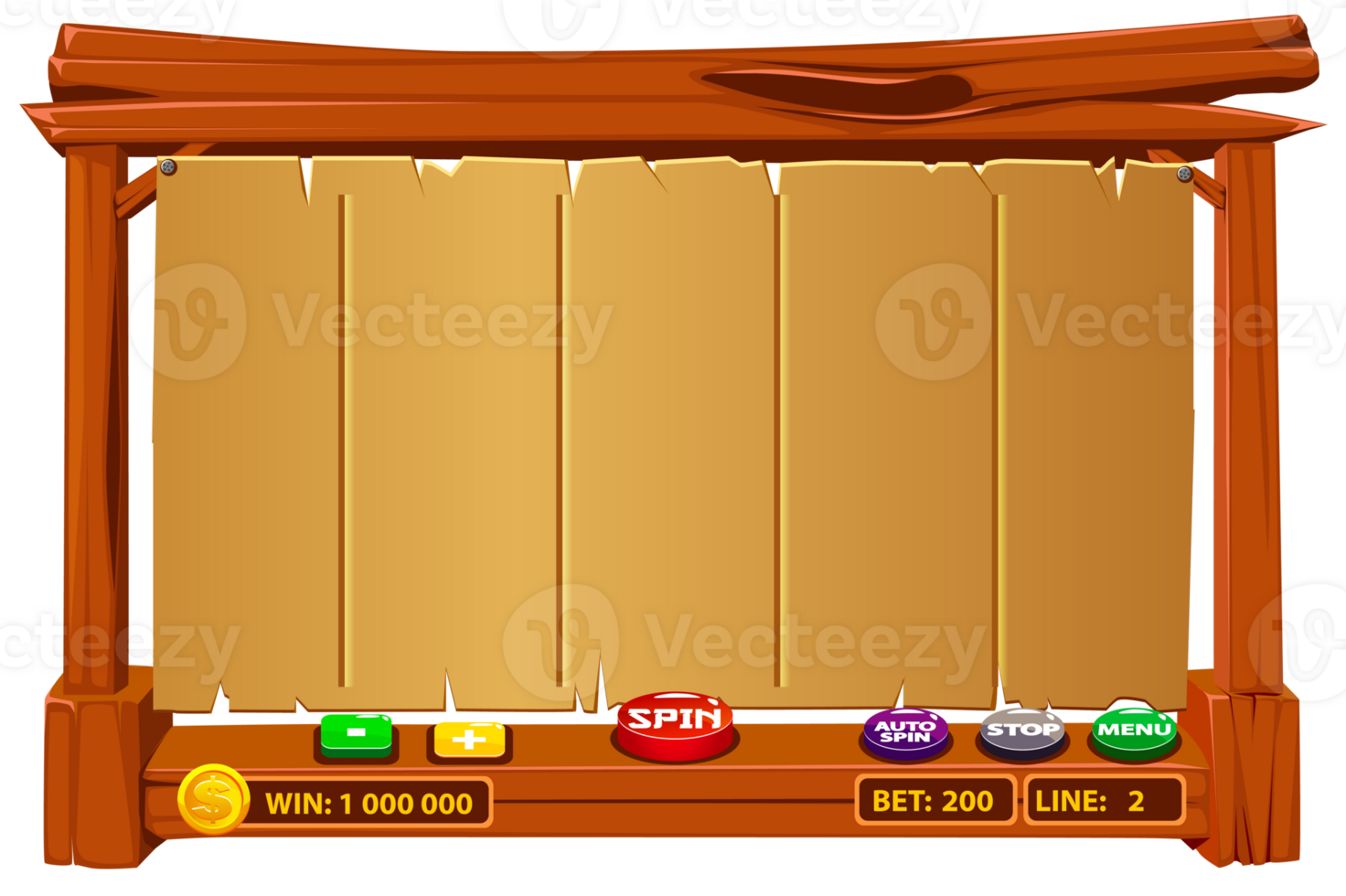 The wooden game user interface is cartoon-style with basic buttons for your designs. Casino slot machine game UI design. Gambling mobile app concept for the Casino or 2D Game. png