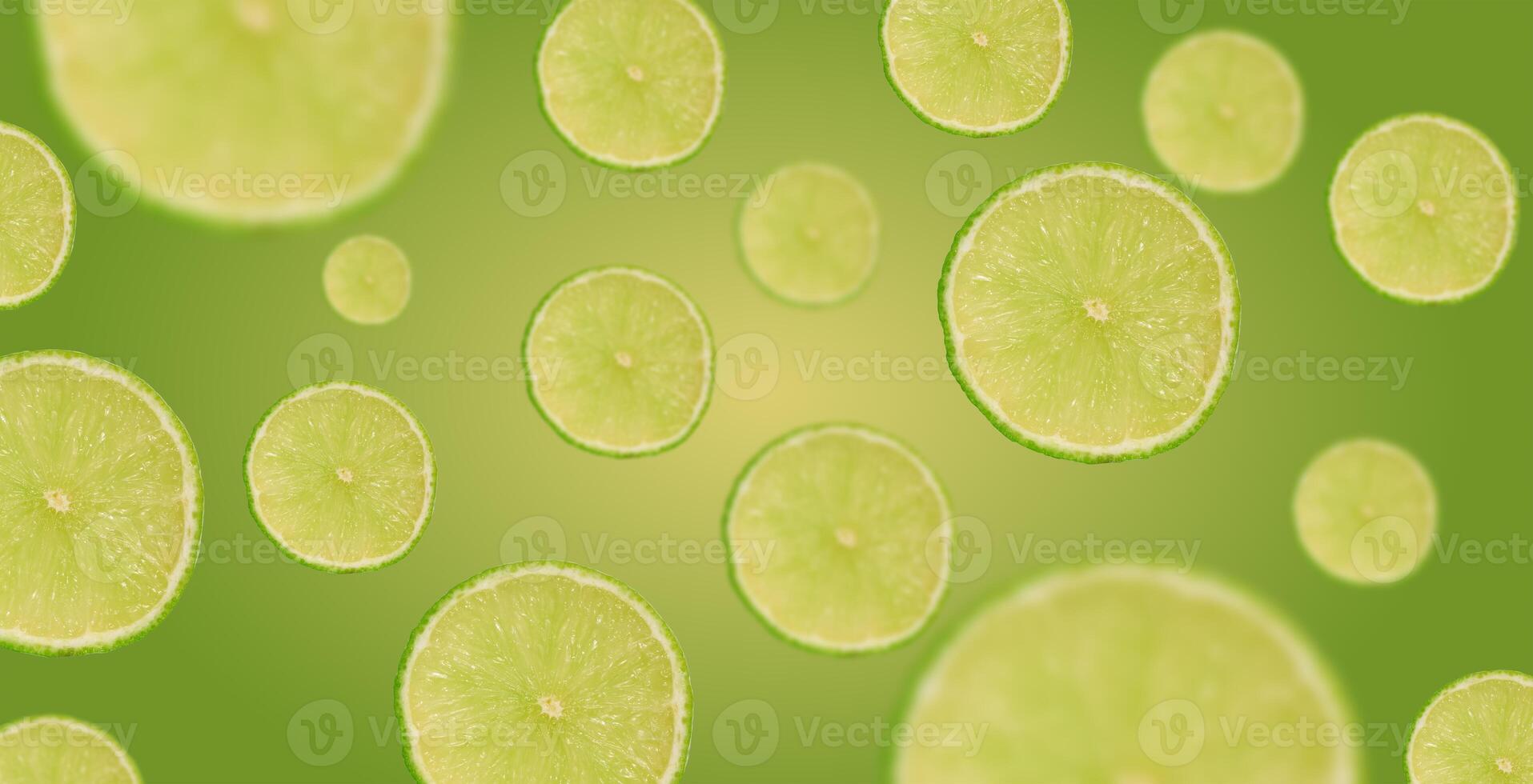 Round piece of juicy lime on a green background photo