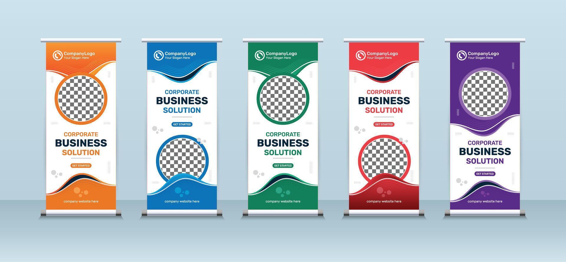 Business Roll Up Banner for Stand Poster Brochure creative concept in blue, red, green, orange, purple and yellow colors vector