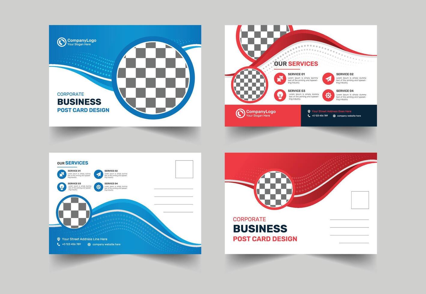 Business corporate business post card design template with clean creative modern style concept in blue and red colors vector