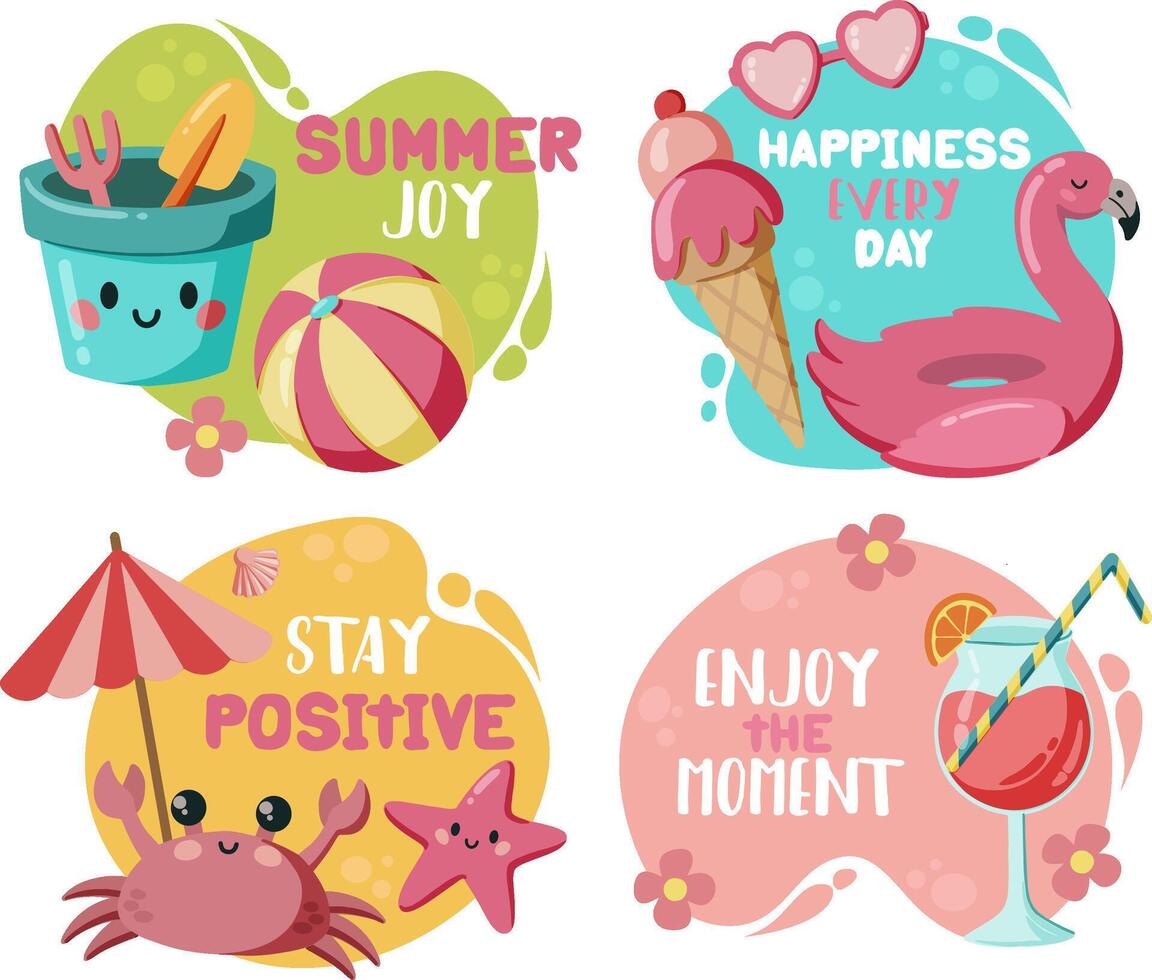 Summer stickers with cute hand drawn fruits and and lettering vector