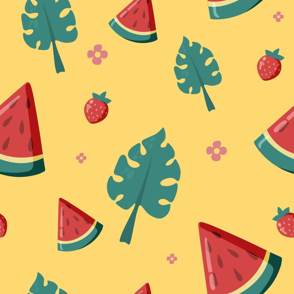 Colorful Summer Seamless Pattern with cute hand drawn strawberries, watermelon, leaves, flowers vector