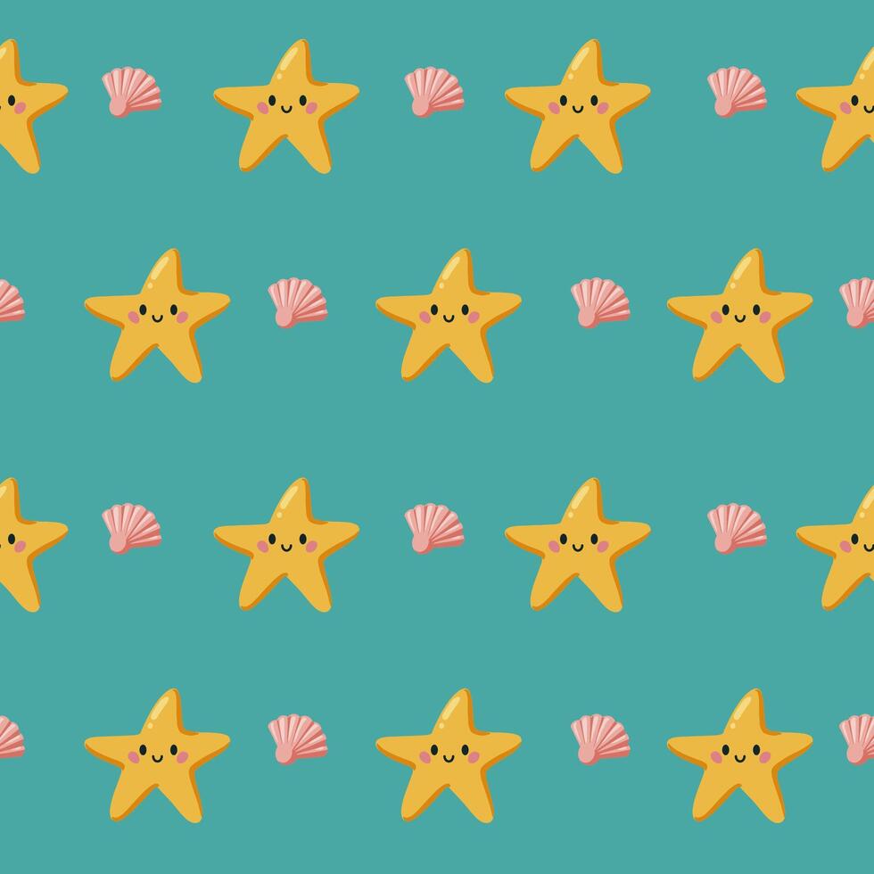Colorful Summer Seamless kids Pattern with cute hand sea star and shell vector