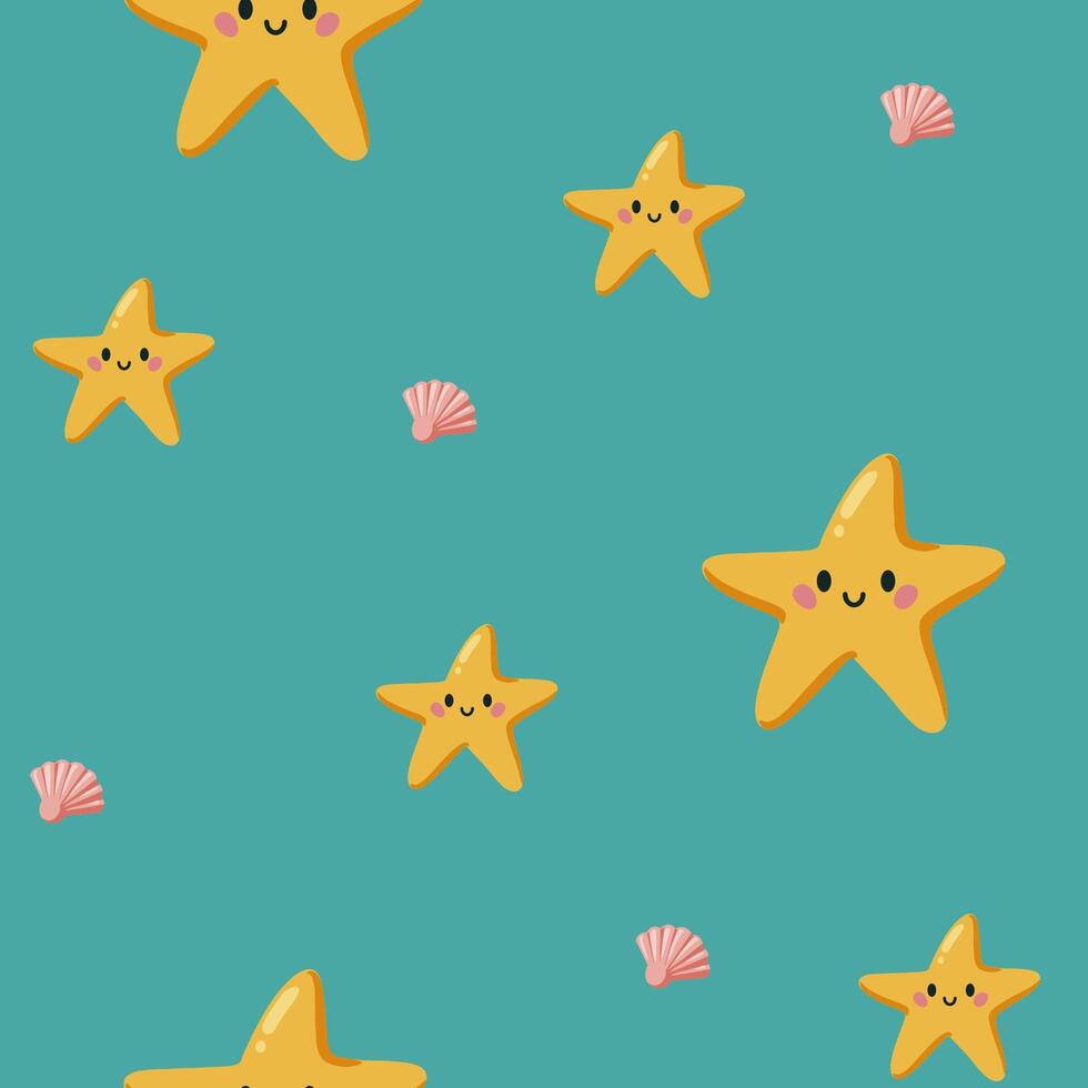 Colorful Summer Seamless kids Pattern with cute hand sea star and shell vector