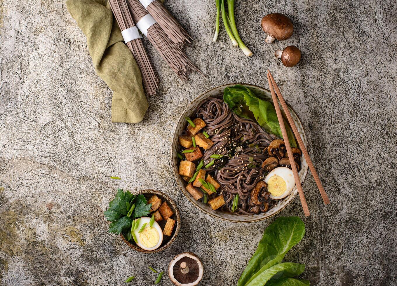 Soba noodle with tofu and mushroom photo